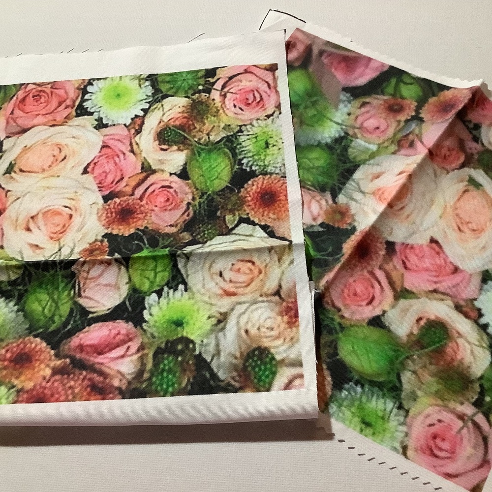 2 Cotton Roses Fabric Squares, Pink & Green